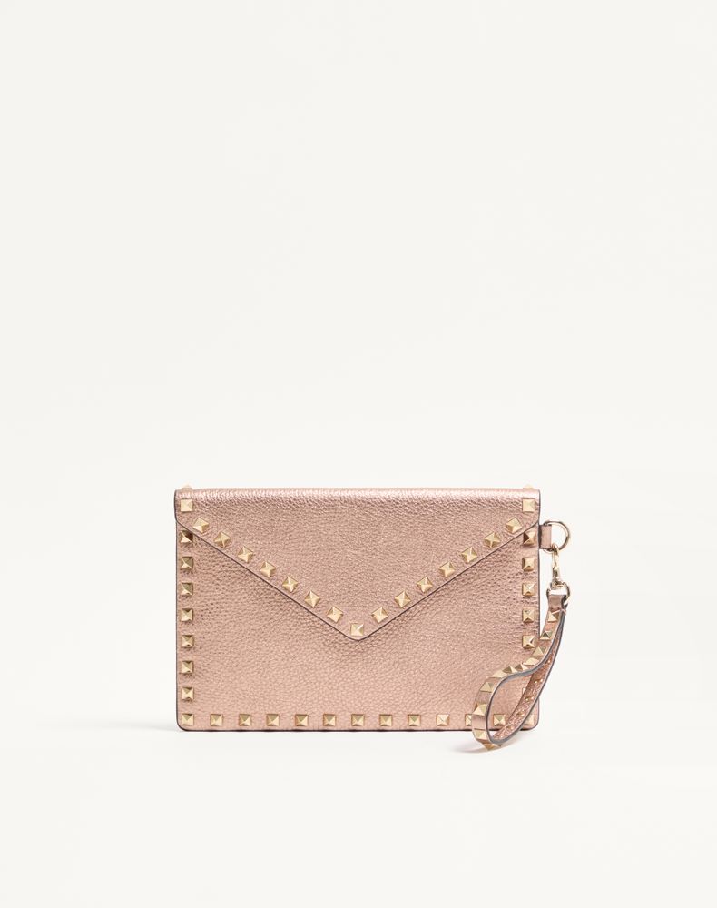 Valentino Garavani Women's Rose Cannelle Rockstud Laminated Grainy Calfskin Clutch Bag Woman Uni