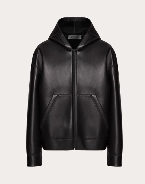 Shop Valentino Leather Jacket With Hood In Noir