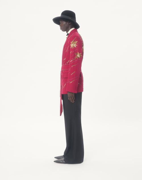 Valentino - Valentino Embroidered Belted Jacket In Grain De Poudre Wool - Cherry Red - Man - Coats And Blazers