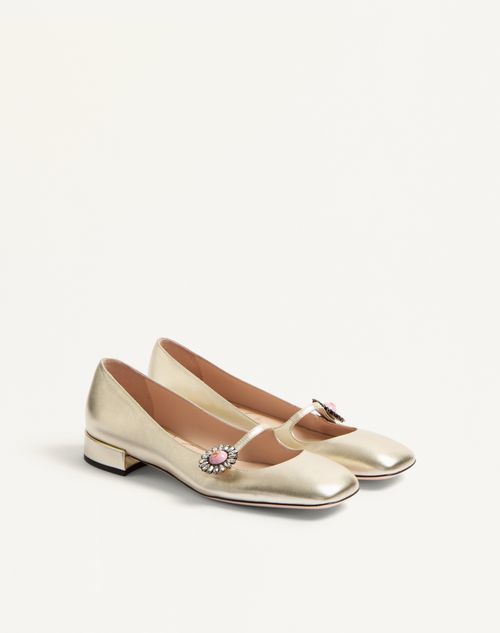 Valentino Garavani - Mary-jane Preshoes Ballerinas In Laminated Nappa With Jewel Button 20mm - Platinum/crystal - Woman - Ballerinas
