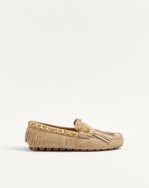 Valentino Garavani Plaster Caster Driver Loafer In Crust Leather With Fringes Woman Desert Sand 40