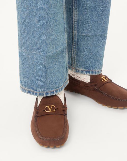 Valentino Garavani - Driver Fastaway Loafer In Deerskin Suede - Bark Brown - Man - Loafers And Driver