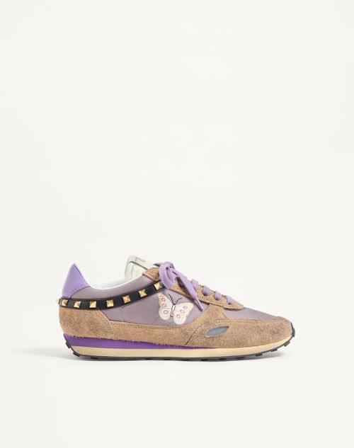 Valentino Garavani - Stud Up Sneaker In Split Leather And Nylon With Butterfly Embroidery - Lilac/multicolor - Man - Sneakers