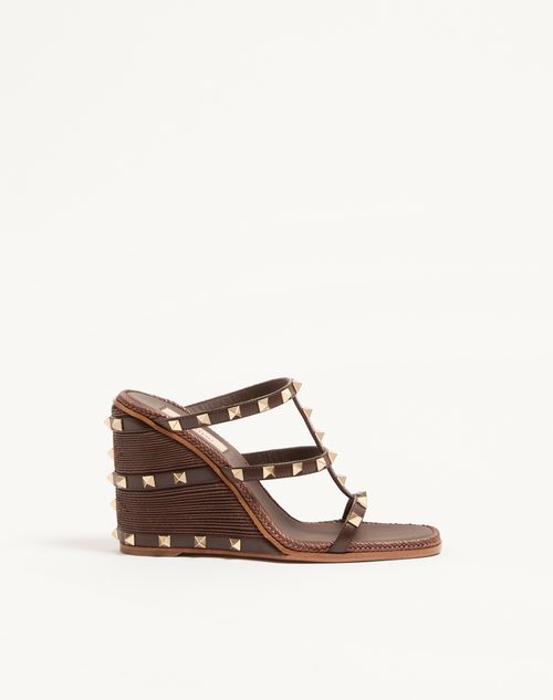 Valentino Garavani Rockstud Wedge Slide In Calfskin With Cornely Embroidery 100mm Woman Fondant 40.5 In Brown