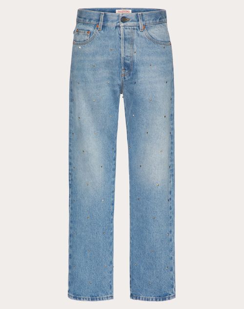 VALENTINO VALENTINO DENIM TROUSERS WITH ALL-OVER ROCKSTUD SPIKE STUDS