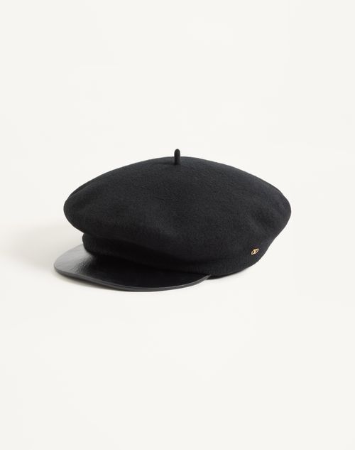 Valentino Garavani - Vlogo Signature Wool Cap With Leather Visor - Black/gold - Man - Hats And Gloves
