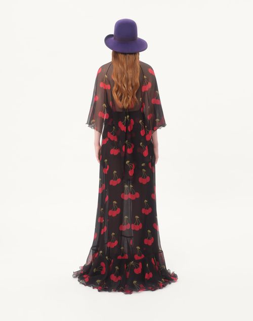 Valentino - Long Dress In Crepponne Chiffon With Cherryfic Print - Black/cherry Red - Woman - Gowns