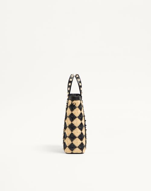 Valentino Garavani - Mini Tote With Synthetic Raffia Embroidered Rockstud Chain - Natural/black - Woman - Totes