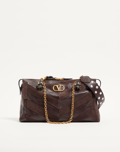 Valentino Garavani - Borsa Media A Spalla Valentino Garavani Panthea In Suede E Nappa Motivo Chevron - Ebano - Donna - Borse A Spalla