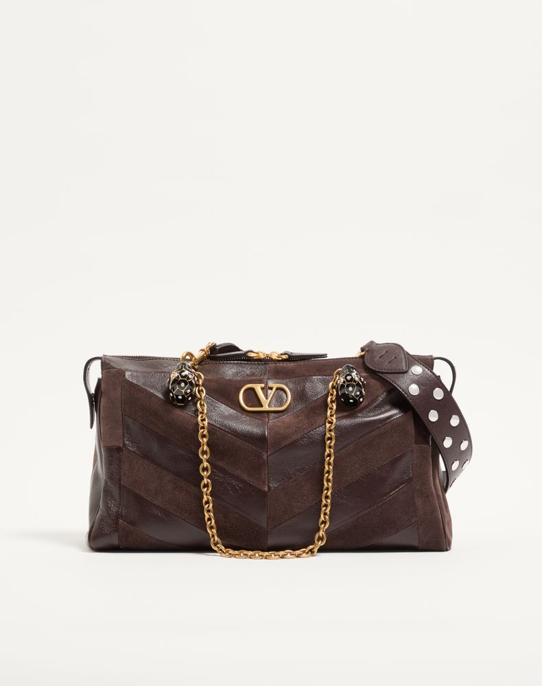 Valentino Garavani Women's Ebony Panthea Medium Shoulder Bag In Suede And Nappa With Chevron Motif Woman Uni