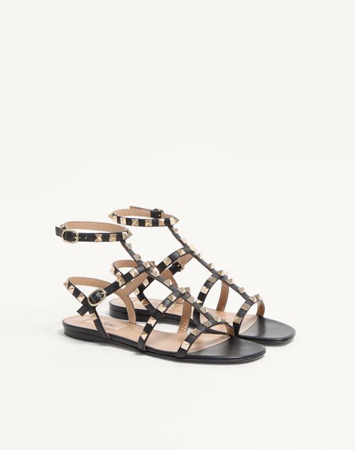Valentino Garavani - Rockstud Flat Calfskin Sandal With Straps - Black - Woman - Sandals