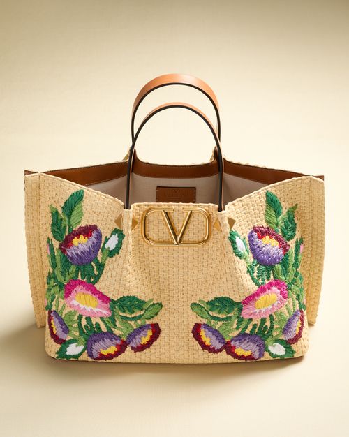 Valentino Garavani - Cabas Moyen En Raphia Avec Broderie Florale - Naturel/multicolore - Femme - Cabas