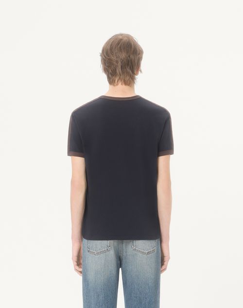 Valentino - Valentino Cotton T-shirt With Crew Neck, Contrasting Side Bands And Vlogo Embroidery - Navy/brown - Man - T-shirts And Sweatshirts