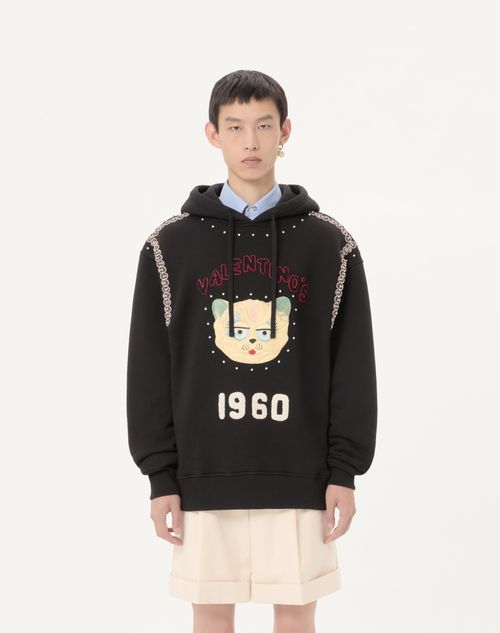 Valentino - Cotton Hooded Sweatshirt With Le Chat De La Maison Patch - Black - Man - Tshirts And Sweatshirts