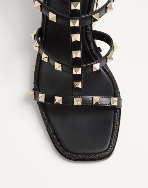 Valentino Garavani - Rockstud Calfskin Wedge Sandal With Check Embroidery 80mm - Black/natural - Woman - Espadrilles And Wedges