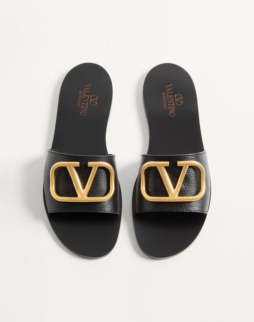 Valentino Garavani - Vlogo Signature Slide Sandal In Grainy Cowhide With Accessory - Black - Woman - Shoes