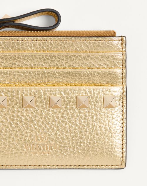 Valentino Garavani - Rockstud Laminated Grainy Calfskin Card Holder With Zipper - Antique Brass - Woman - Wallets And Small Leather Goods