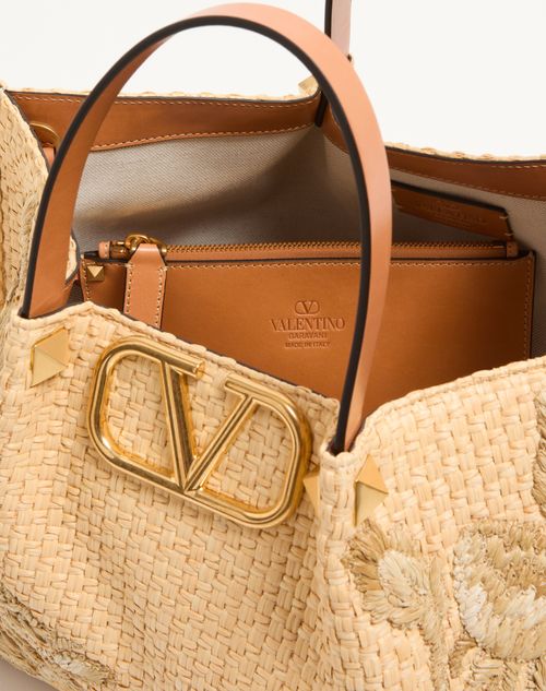 Valentino Garavani - Medium Shopping Bag In Raffia With Floral Embroidery - Natural - Woman - Totes