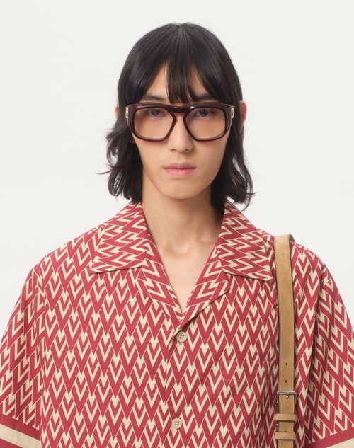 Valentino - Cotton Popeline Bowling Shirt With Toute La V Print - Red/cream - Man - Shirts
