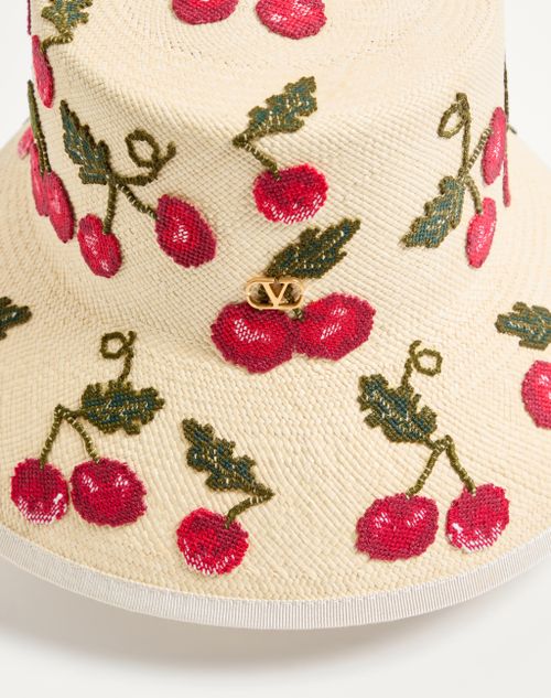Valentino Garavani - Cappello Bucket Cherryfic In Paglia - Naturale/rosso - Donna - Cappelli E Guanti