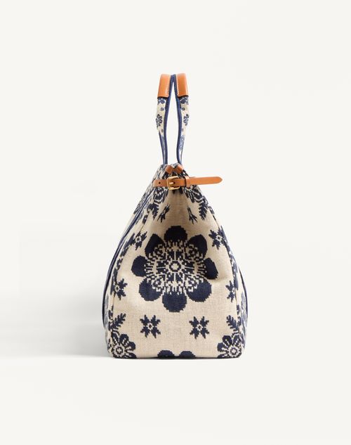 Valentino Garavani - Bolso De Mano Valentino Garavani Antibes De Jacquard - Marfil/azul Marino/natural - Mujer - Bolsos Shopping