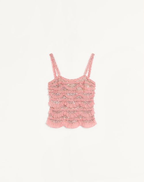 Valentino Top In Tulle Illusione Ricamato Donna Rosa 44