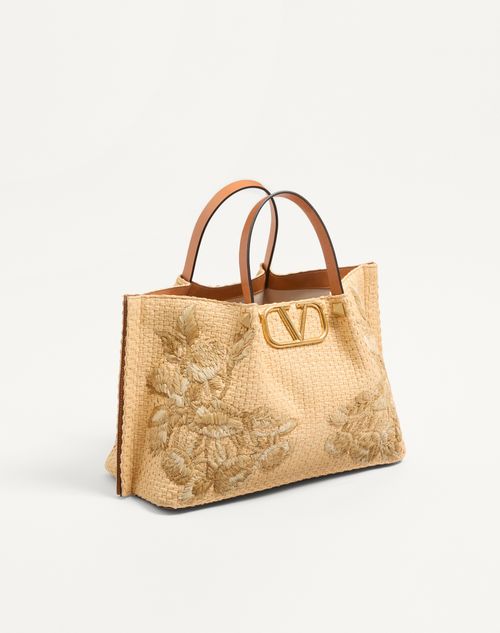 Valentino Garavani - Medium Shopping Bag In Raffia With Floral Embroidery - Natural - Woman - Totes