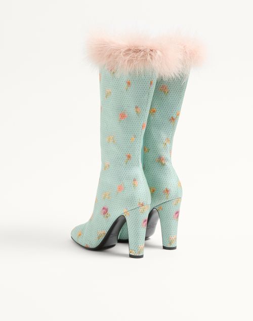 Valentino Garavani - Bottes Hotty En Tissu Chiné À Motif Floral Et À Pois, Ornées De Plumes, Talon : 100 mm - Bleu Ciel - Femme - Bottes