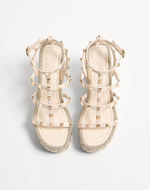 Valentino Garavani - Rockstud Calfskin Wedge Sandal With Straps 95 Mm - Light Ivory - Woman - Espadrilles And Wedges
