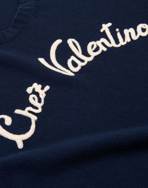 Valentino - Wool Crewneck Sweater With Chez Valentino Embroidery - Blue - Man - Knitwear