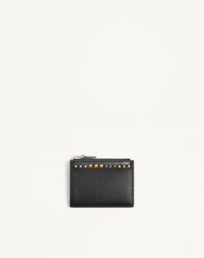 Valentino Garavani Men's Black Rockstud Grainy Calfskin Cardholder Man Uni