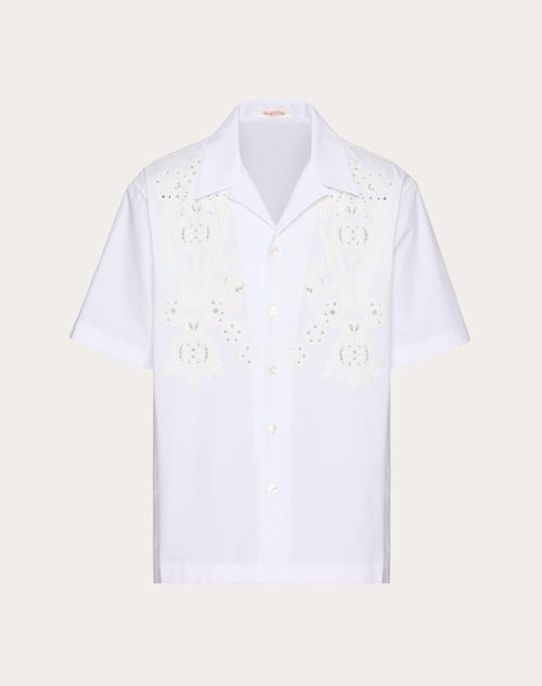 Shop Valentino Bowling Shirt In Cotton Poplin With Pomegranate Embroidery In ホワイト