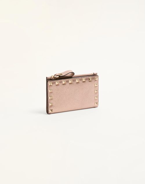 Valentino Garavani - Rockstud Laminated Grainy Calfskin Card Holder With Zip - Rose Cannelle - Woman - Wallets And Small Leather Goods