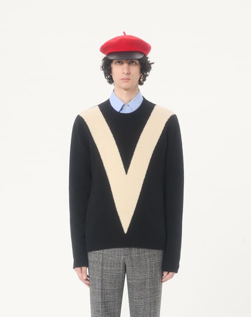 Valentino - Valentino Wool Jumper With Inlaid V - Black/butter - Man - Knitwear