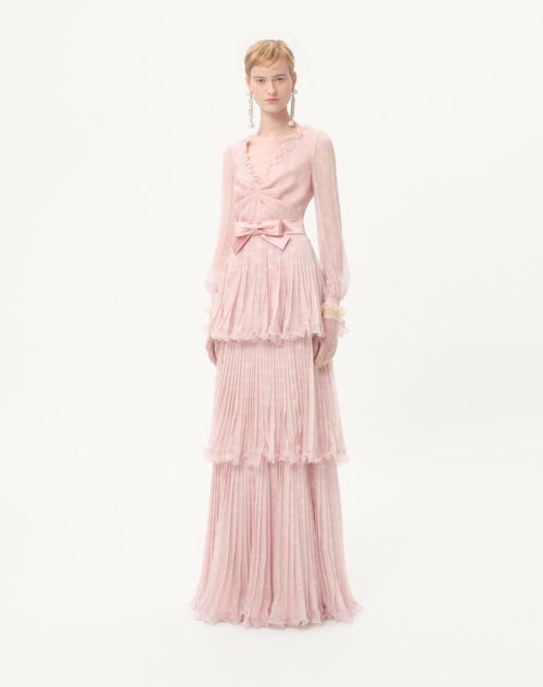 Valentino - Long Dress In Creponne Chiffon With Plus De Pois Print - Rose/ivory - Woman - Gowns