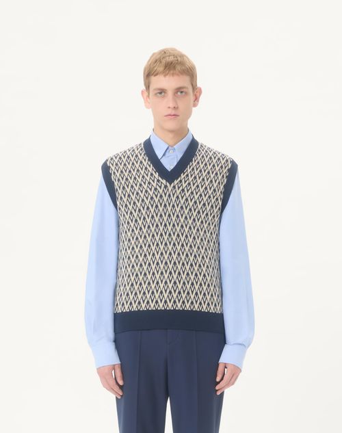 Valentino - Wool Vest With Toute La V Jacquard Pattern - Navy/cream - Man - Knitwear