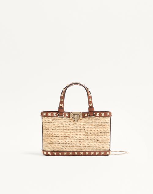 Valentino Garavani Mini Rockstud Shopping Bag In Raffia Woman Natural/saddle Brown Onesize