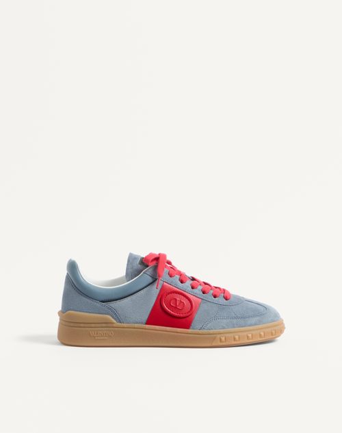 Valentino Garavani Upvillage Low Top Trainer In Split Leather And Calfskin Nappa Leather Man Grey/coral/black 46