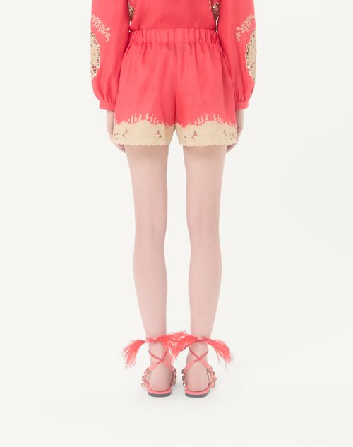 Valentino - Embroidered Couture Linen Shorts - Coral/beige - Woman - Trousers And Shorts