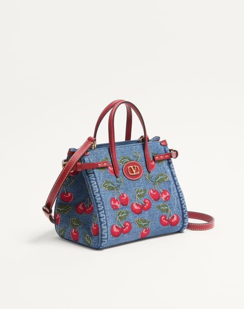 Valentino Garavani - Valentino Garavani Antibes Small Shopping Bag In Denim With Cherryfic Embroidery - Denim/multicolour - Woman - Totes