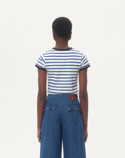 Valentino - Striped Jersey Cotton T-shirt - Ivory/blue - Woman - T-shirts And Sweatshirts