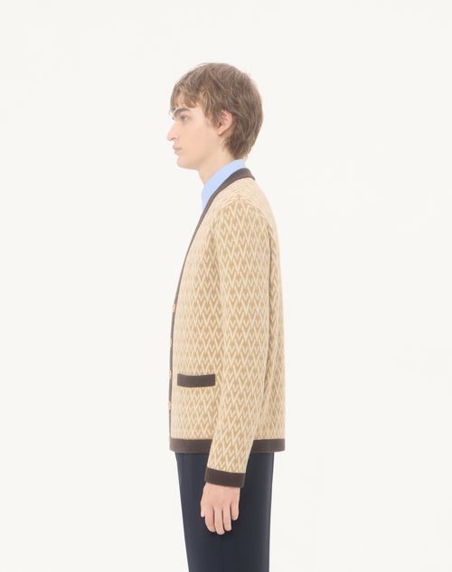 Valentino - Cardigan In Lana Con Motivo Toute La V - Beige/crema - Uomo - Maglieria