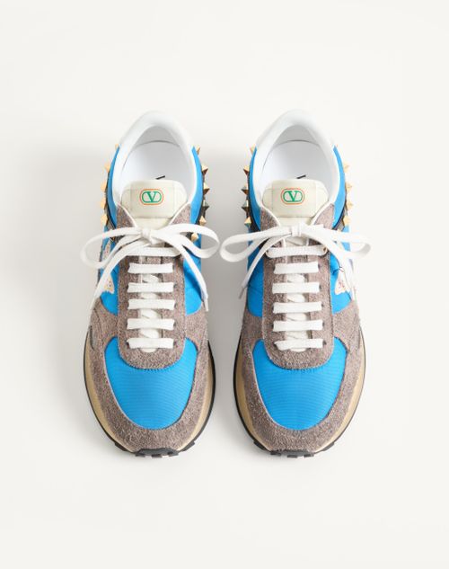 Valentino Garavani - Stud Up Sneaker In Split Leather And Nylon With Butterfly Embroidery - Azure/multicolour - Man - Sneakers