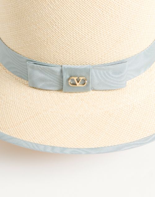 Valentino Garavani - Cappello Vlogo Signature In Paglia Con Nastro In Moire' - Naturale/azzurro - Donna - Cappelli E Guanti