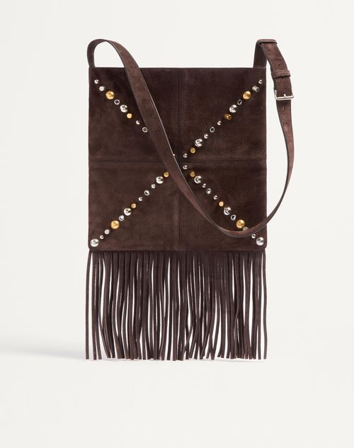 Valentino Garavani - Valentino Garavani Nellcôte Suede Shoulder Bag With Fringes - Brown - Man - Shoulder Bags