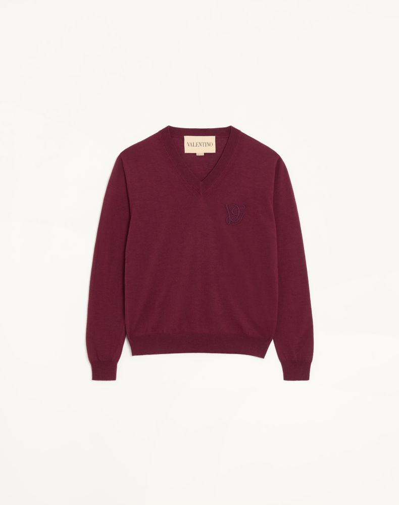 Valentino Men's Maroon V-Neck Wool Jumper With Vg Embroidery Man Xxl