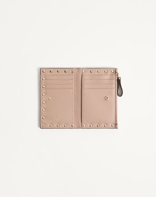 Valentino Garavani - Portacarte Con Zip Rockstud In Vitello Granato - Poudre - Donna - Portafogli E Piccola Pelletteria