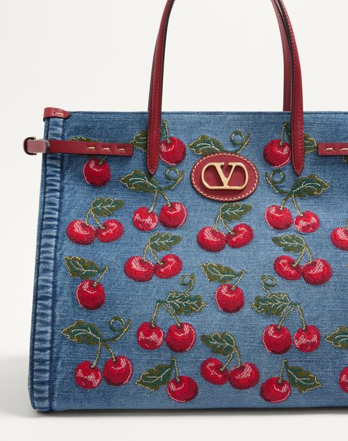 Valentino Garavani - Valentino Garavani Antibes Medium Shopping Bag In Denim With Cherryfic Embroidery - Denim/multicolour - Woman - Totes