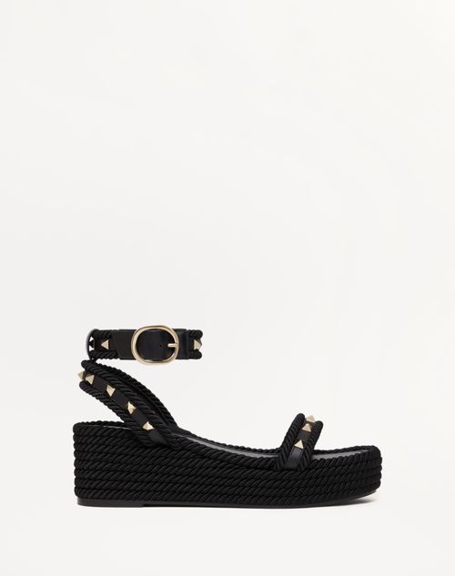 Valentino Rockstud Torchon 60 Leather And Silk Rope Platform Espadrilles In Black