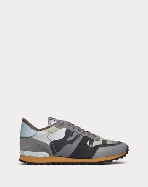 Shop Valentino Garavani Rockrunner Camouflage Trainers In Nappa Fabric In Grey/silver/nuage